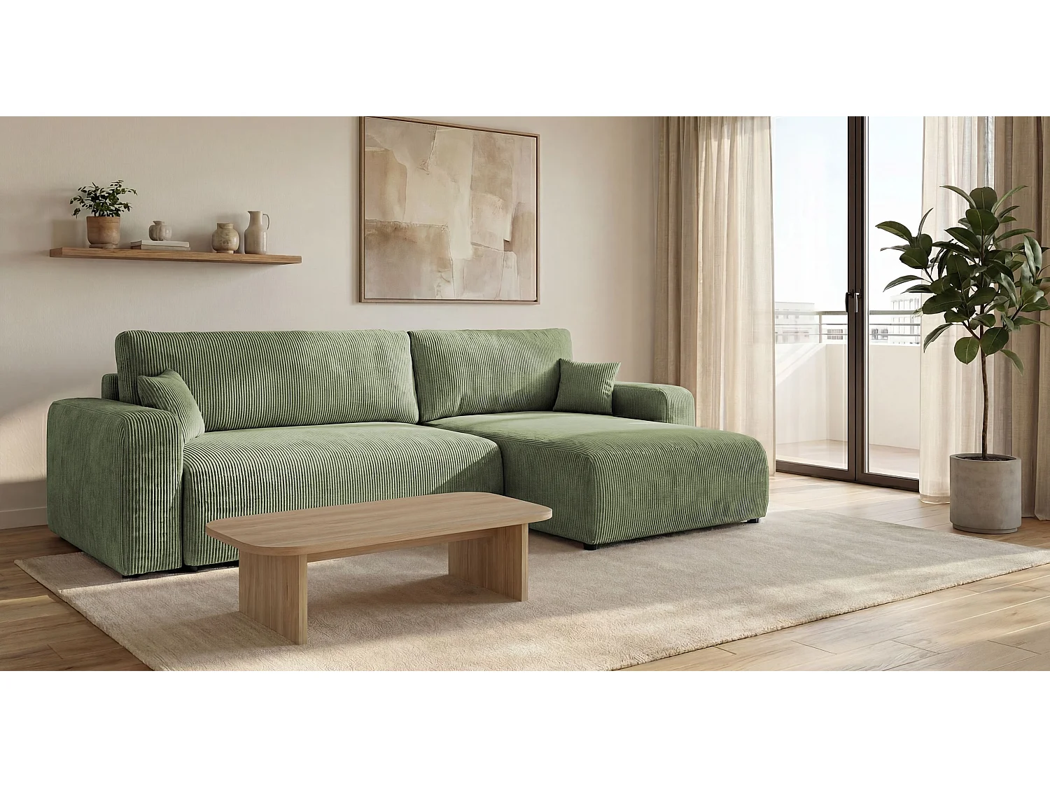 Canapé d'angle BERLIN droit vert clair velours côtelé Poso 47 - fonction couchage, coffre à literie