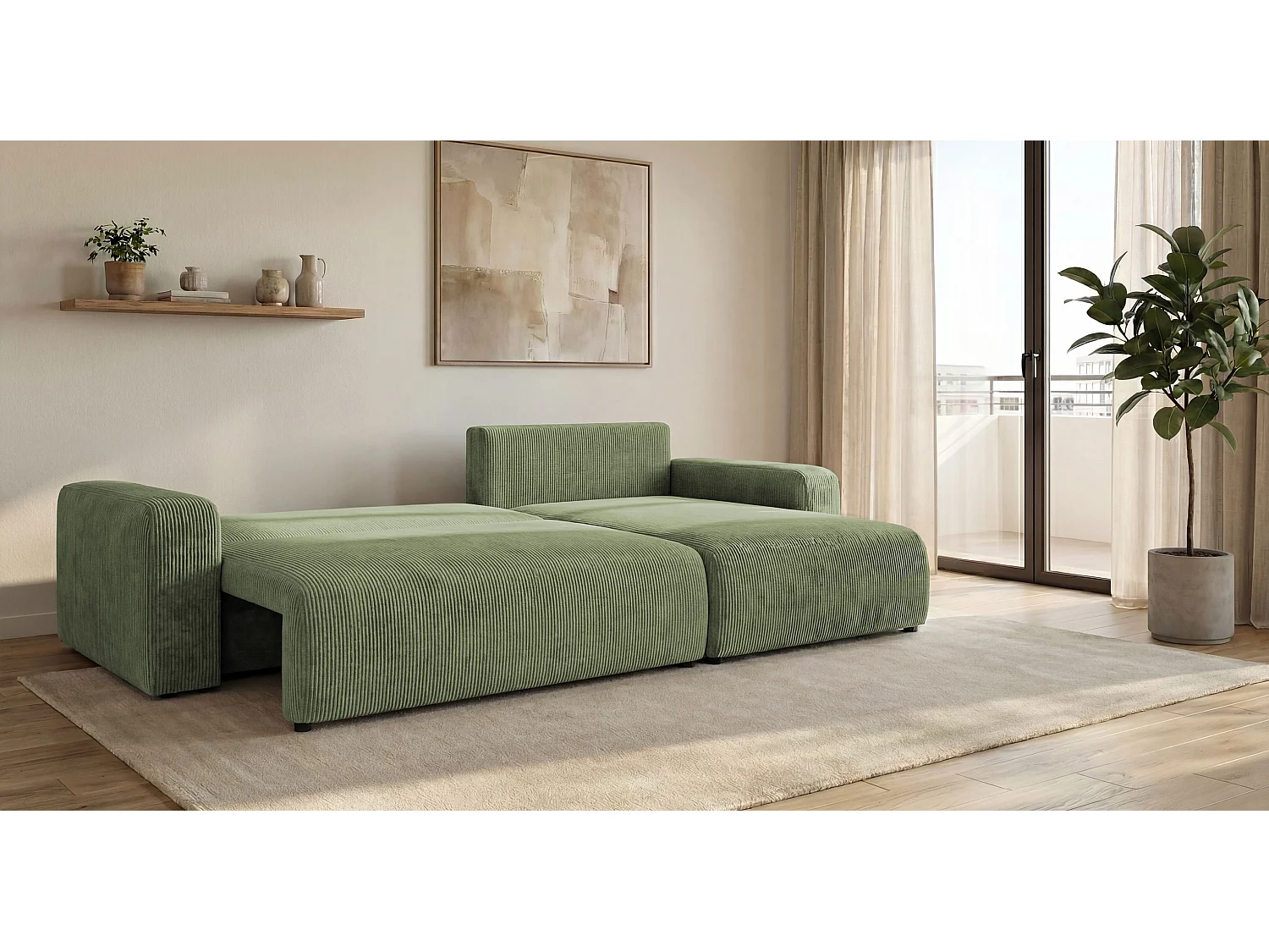 Canapé d'angle BERLIN droit vert clair velours côtelé Poso 47 - fonction couchage, coffre à literie