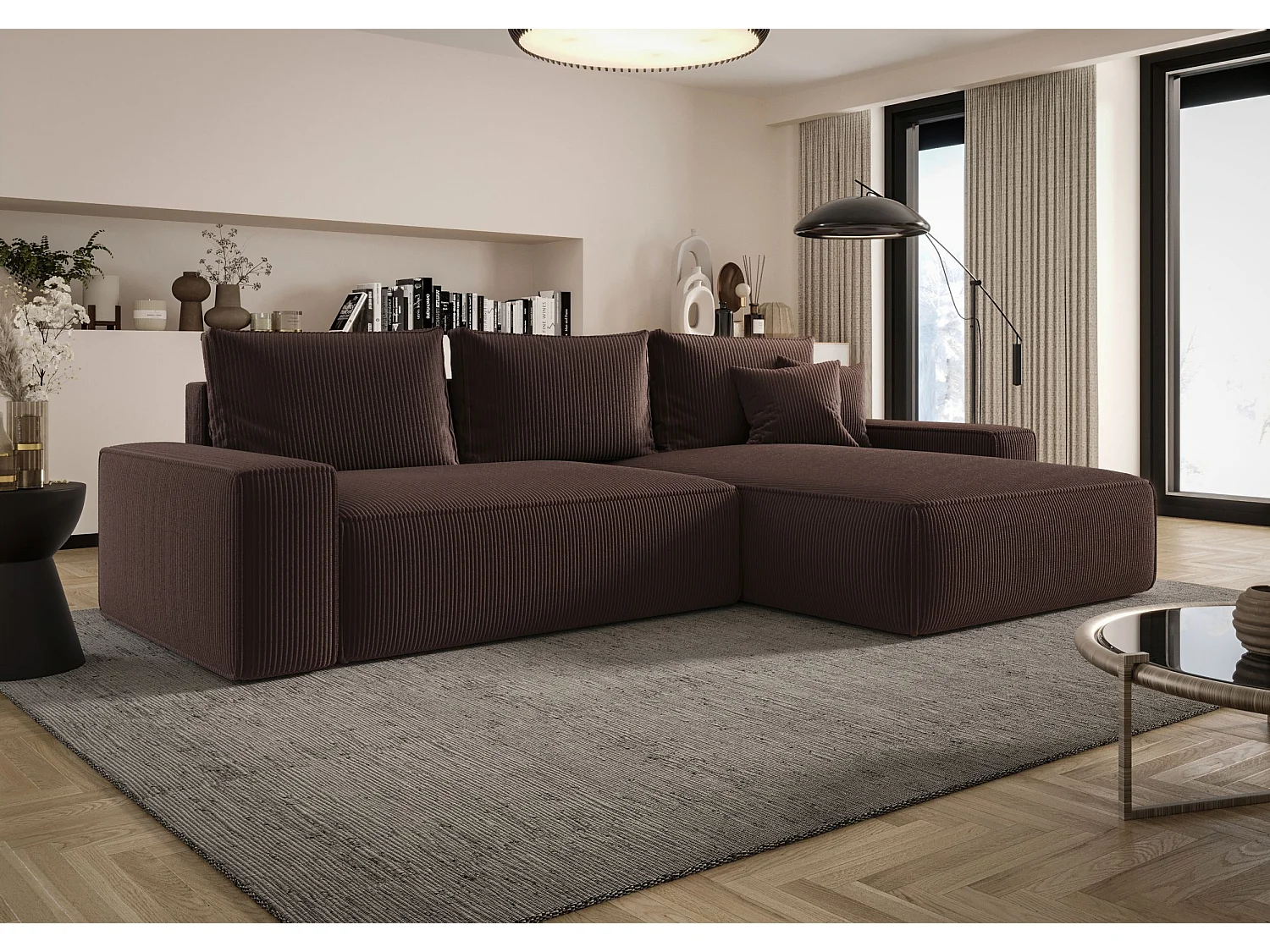 Canapé d'angle CALIFORNIA droit marron velours côtelé Poso 6 - fonction couchage, coffre à literie