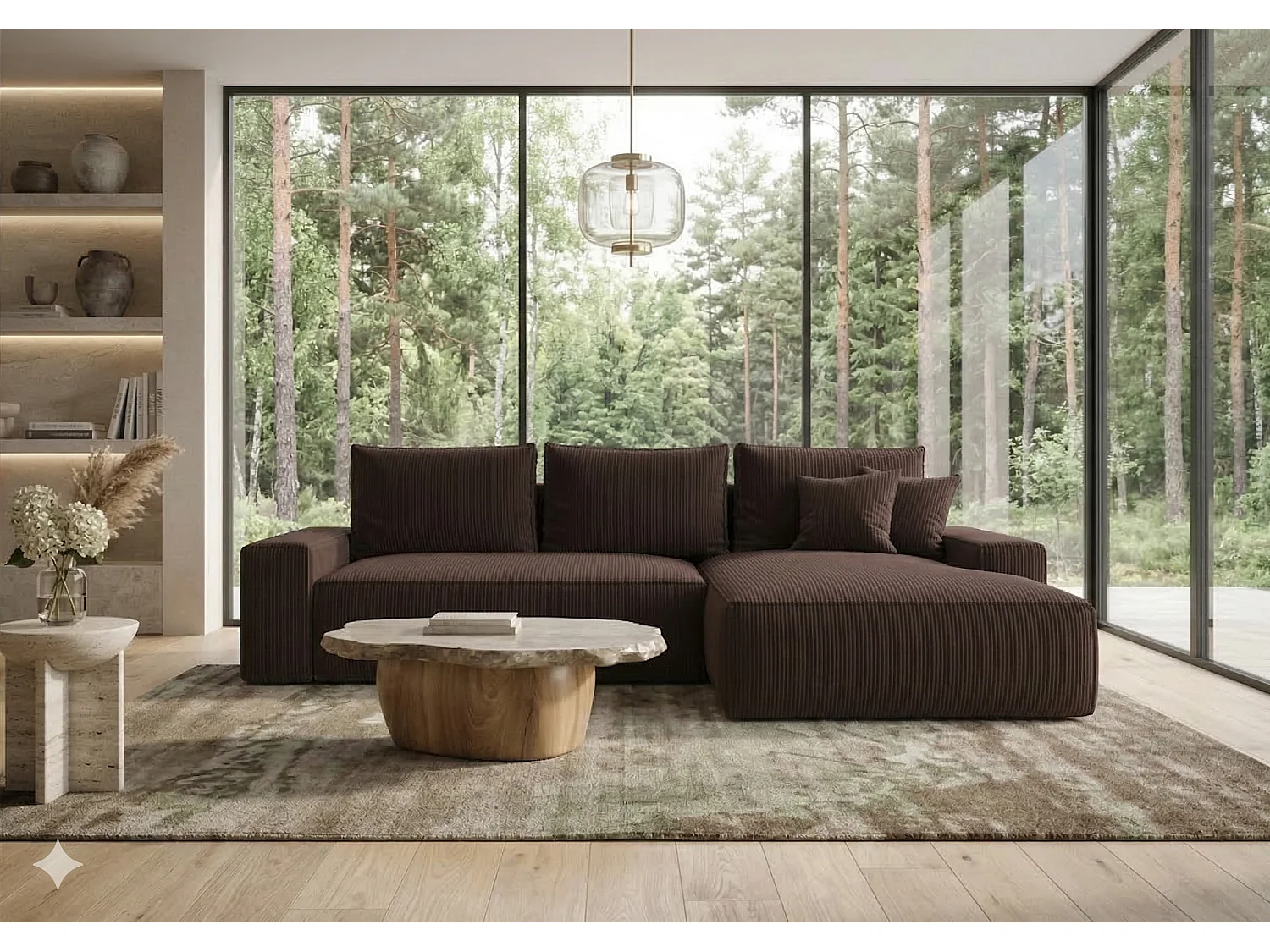 Canapé d'angle droit 3 places convertible avec coffre en velours marron NINA