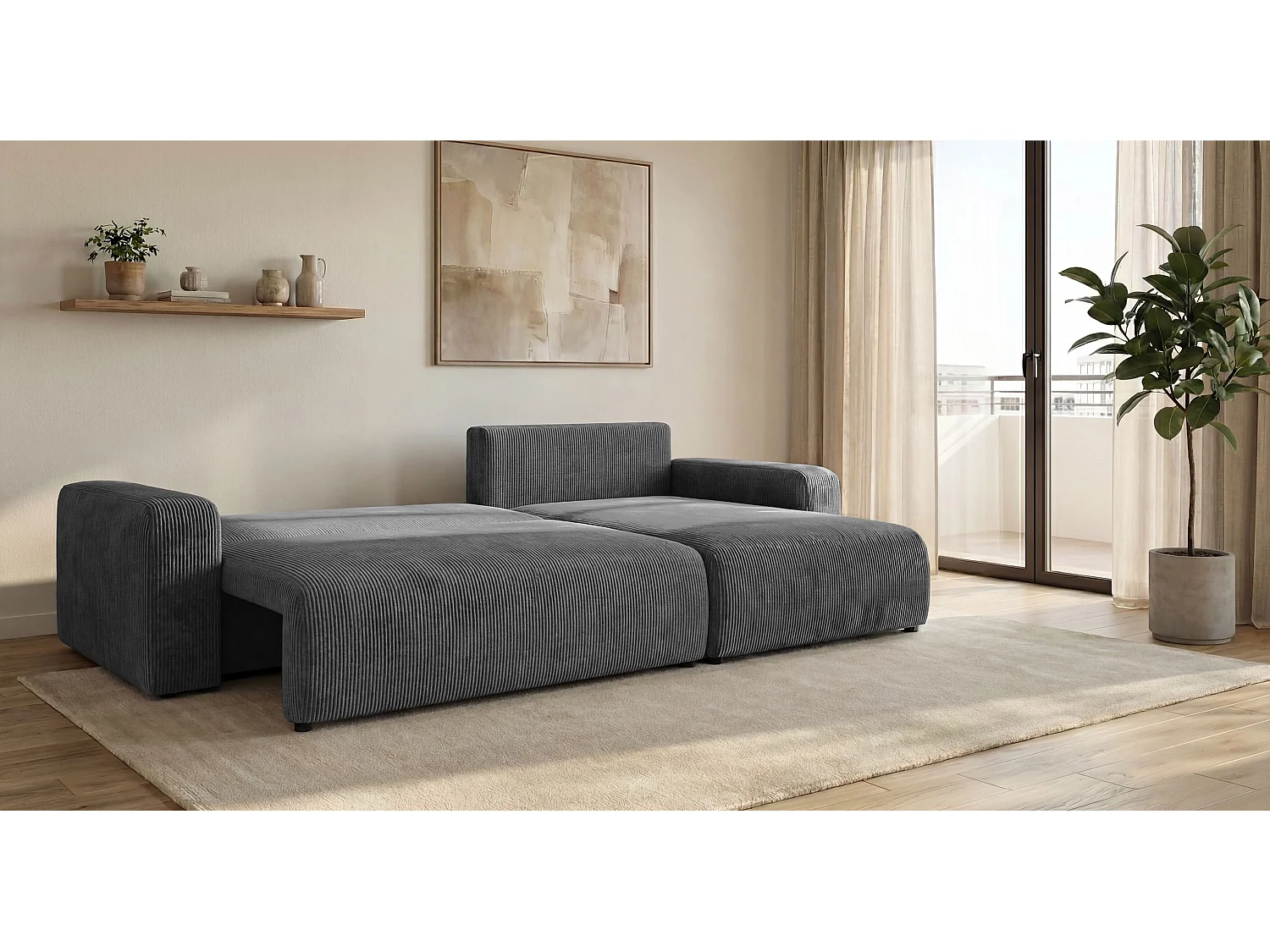 Canapé d'angle BERLIN droit gris foncé velours côtelé Poso 60 - fonction couchage, coffre à literie