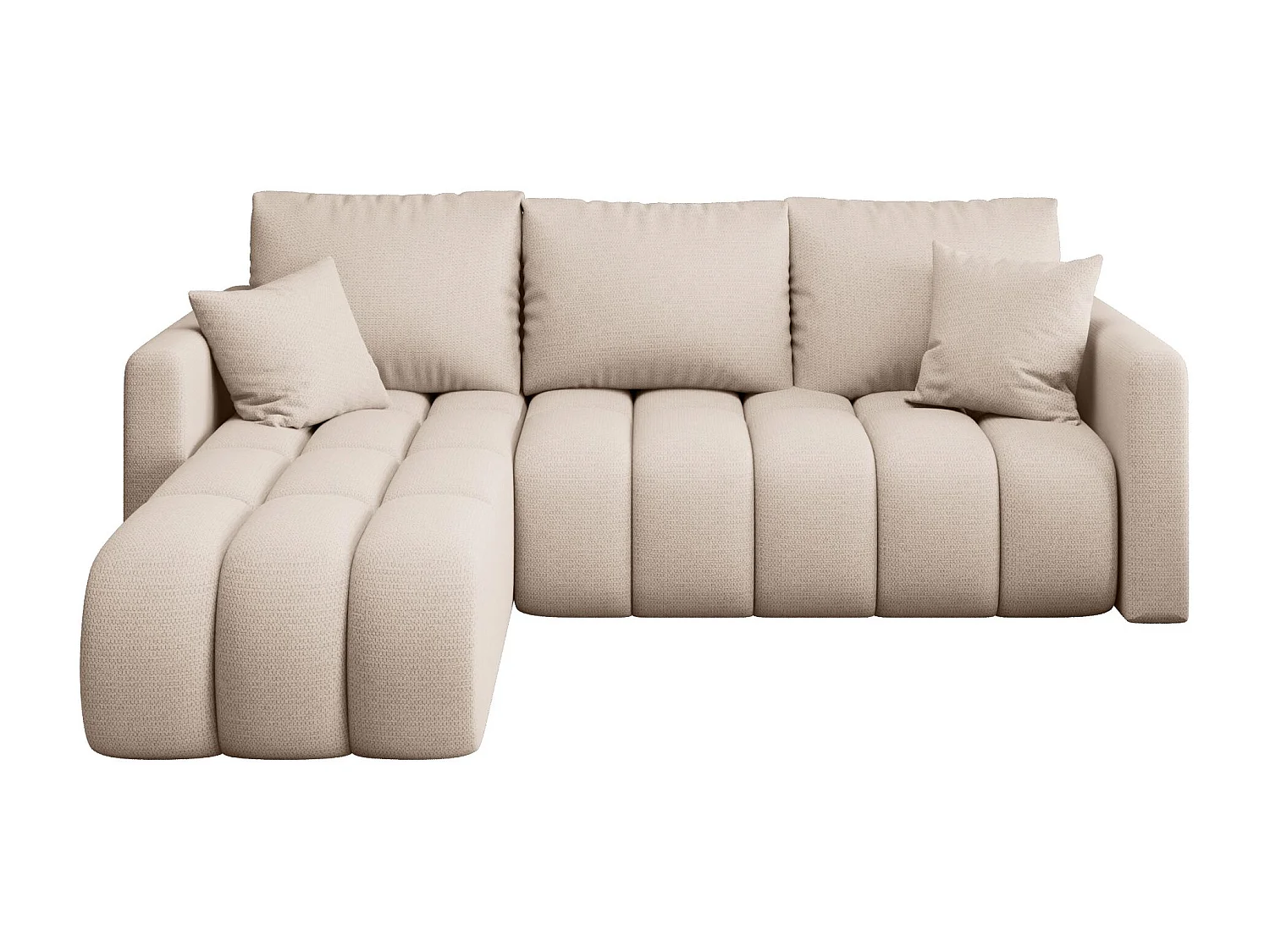 Canapé d'angle GARDA gauche beige clair tricot Aragon 3 - fonction couchage, coffre à literie