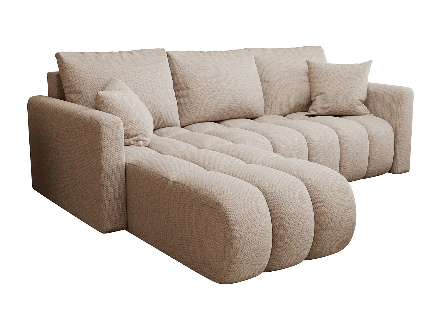 Canapé d'angle GARDA gauche beige clair tricot Aragon 3 - fonction couchage, coffre à literie