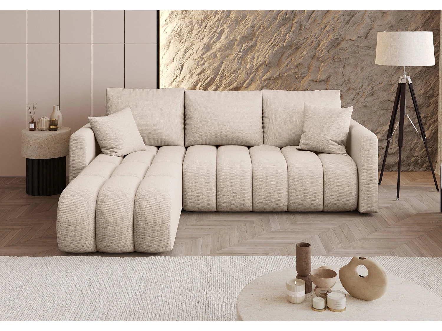 Canapé d'angle GARDA gauche beige clair tricot Aragon 3 - fonction couchage, coffre à literie
