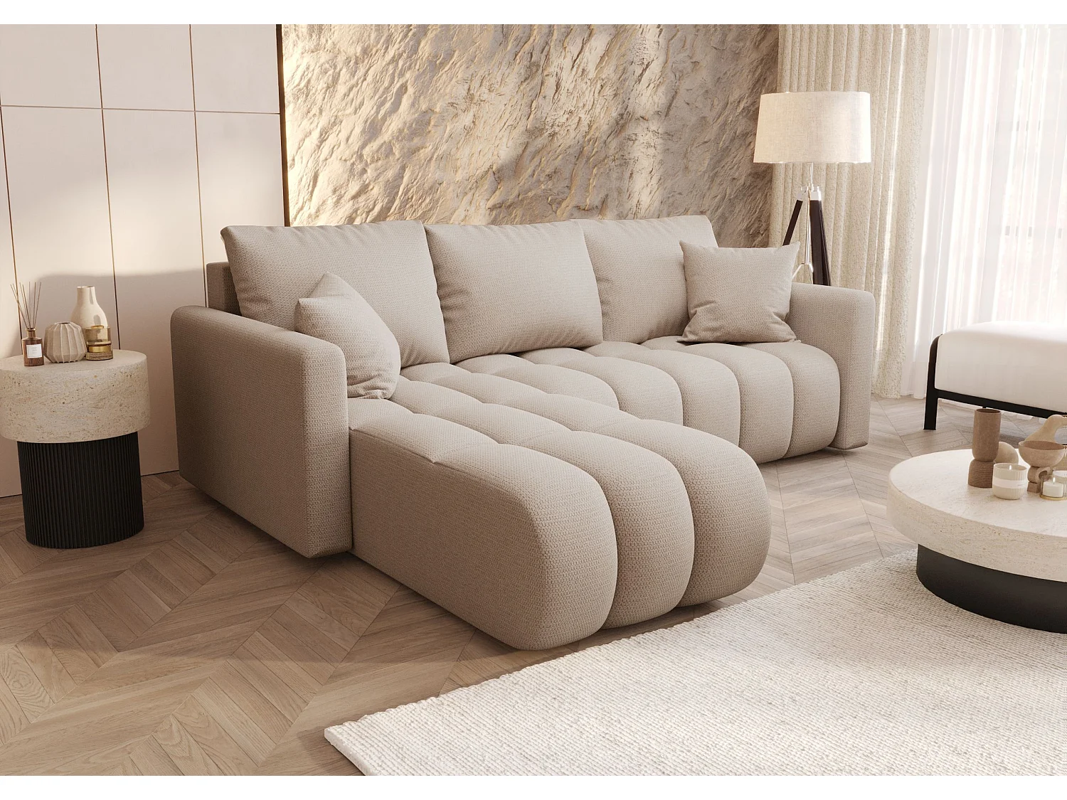 Canapé d'angle GARDA gauche beige clair tricot Aragon 3 - fonction couchage, coffre à literie