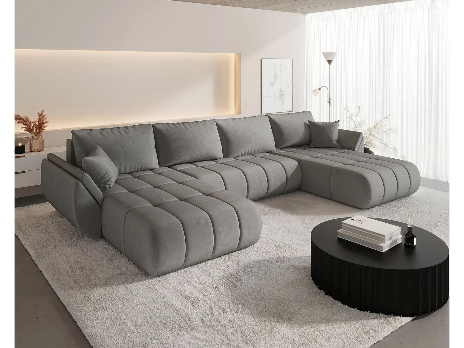 Canapé d'angle SYDNEY PREMIUM en U gris clair velours Monolith 84 - fonction couchage, coffre à literie