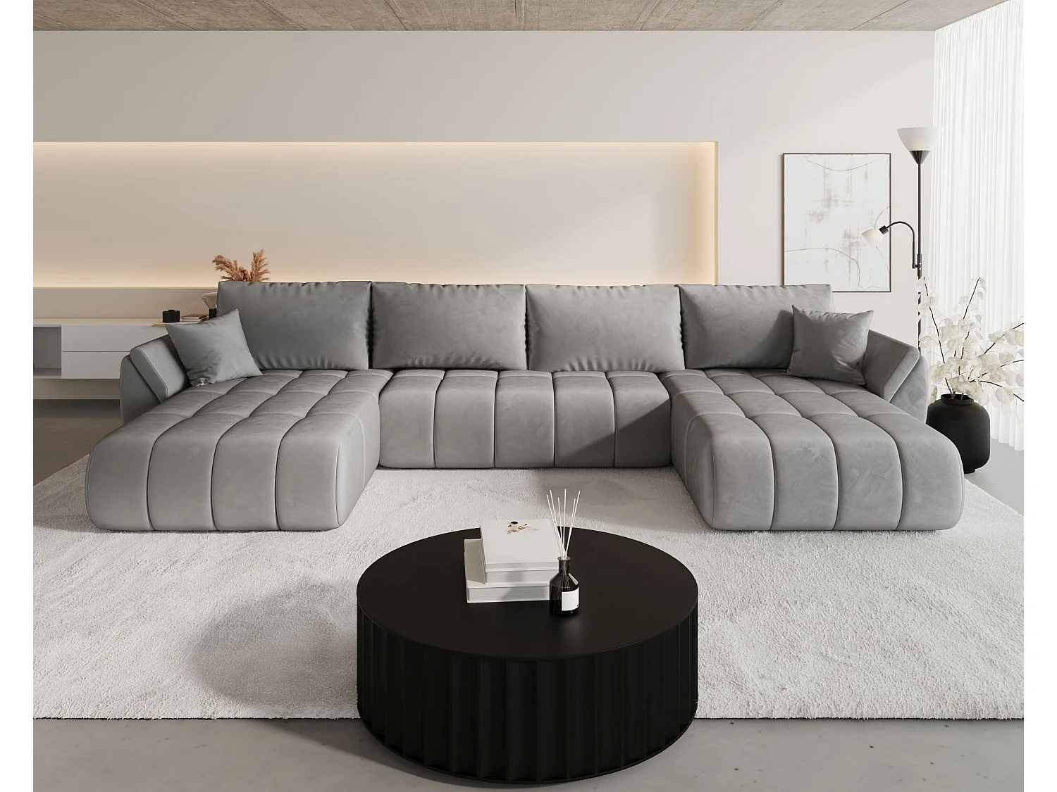 Canapé d'angle SYDNEY PREMIUM en U gris clair velours Monolith 84 - fonction couchage, coffre à literie