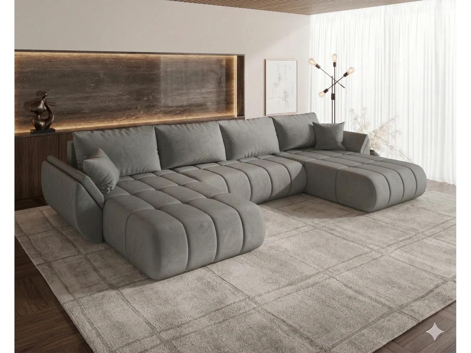 Canapé d’angle velours panoramique convertible avec coffre LUMEN-Gris clair