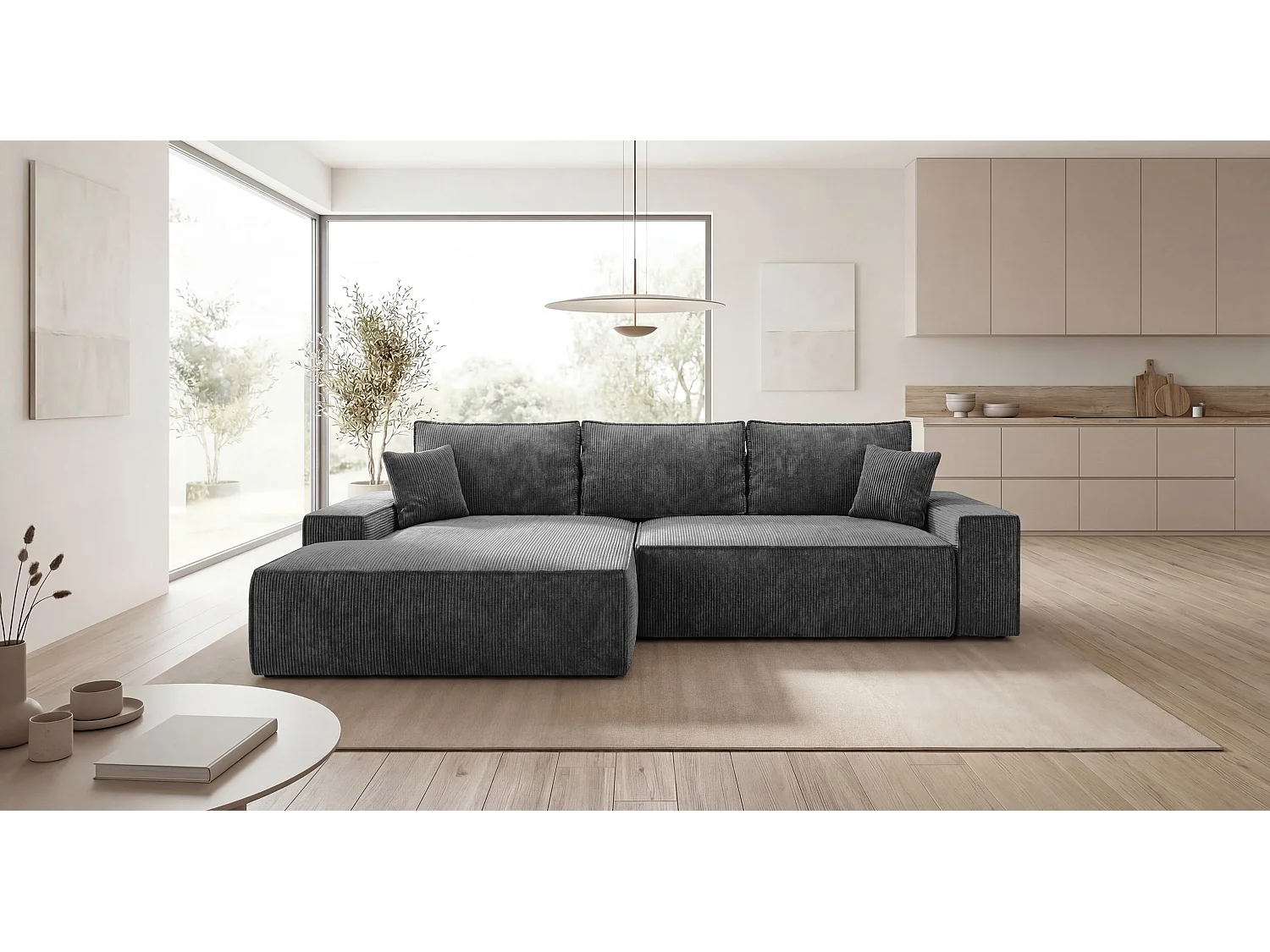 Canapé d'angle VERONA gauche gris foncé velours côtelé Poso 60 - fonction couchage, coffre à literie
