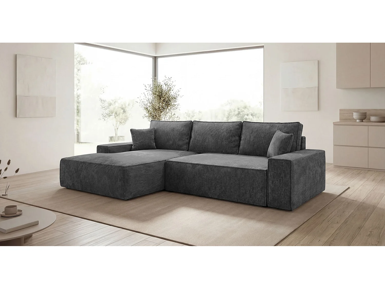 Canapé d'angle VERONA gauche gris foncé velours côtelé Poso 60 - fonction couchage, coffre à literie