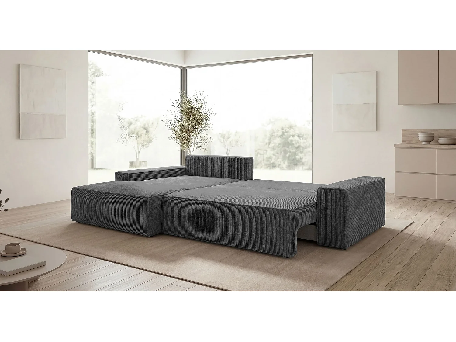 Canapé d'angle VERONA gauche gris foncé velours côtelé Poso 60 - fonction couchage, coffre à literie