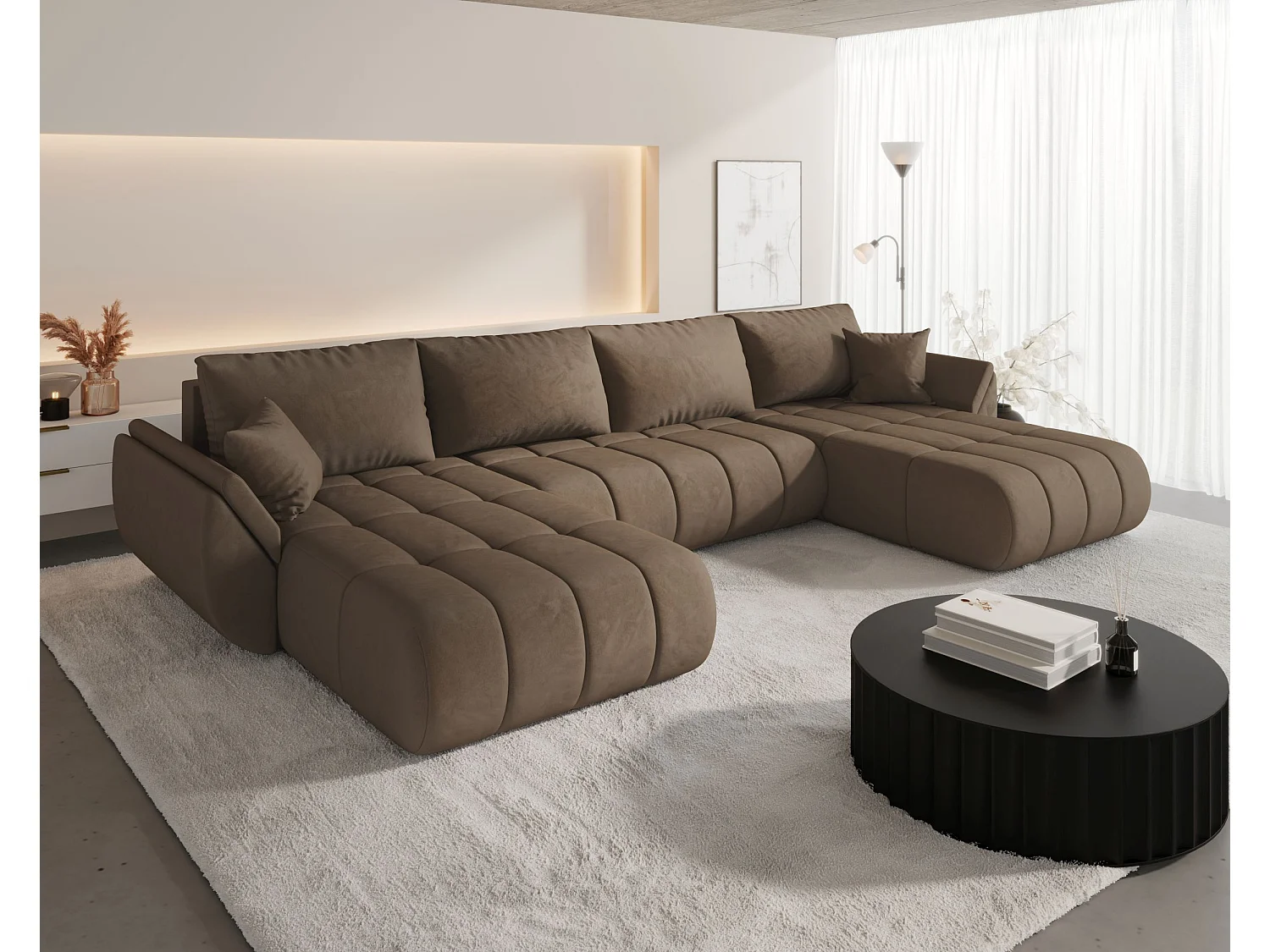 Canapé d'angle SYDNEY PREMIUM en U marron velours Monolith 9 - fonction couchage, coffre à literie