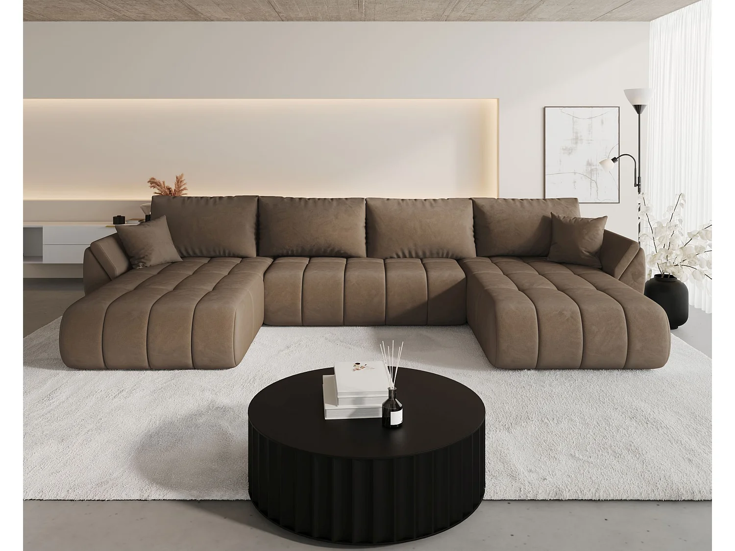 Canapé d'angle SYDNEY PREMIUM en U marron velours Monolith 9 - fonction couchage, coffre à literie