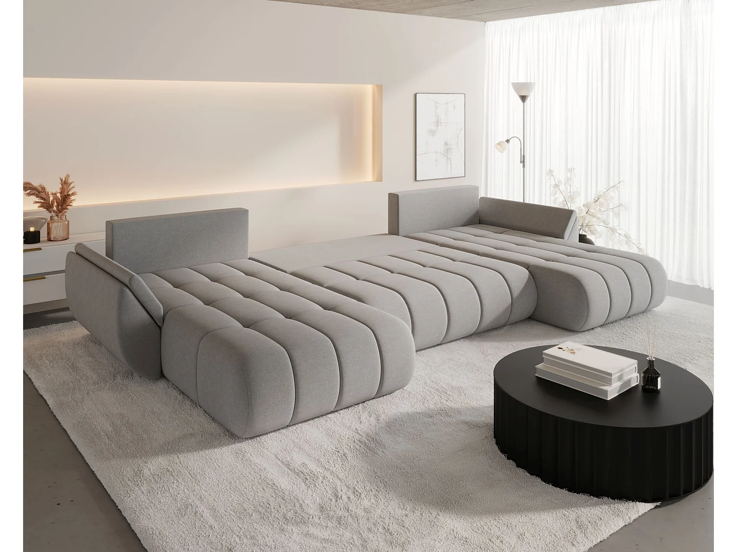Canapé d'angle SYDNEY PREMIUM en U marron velours Monolith 9 - fonction couchage, coffre à literie