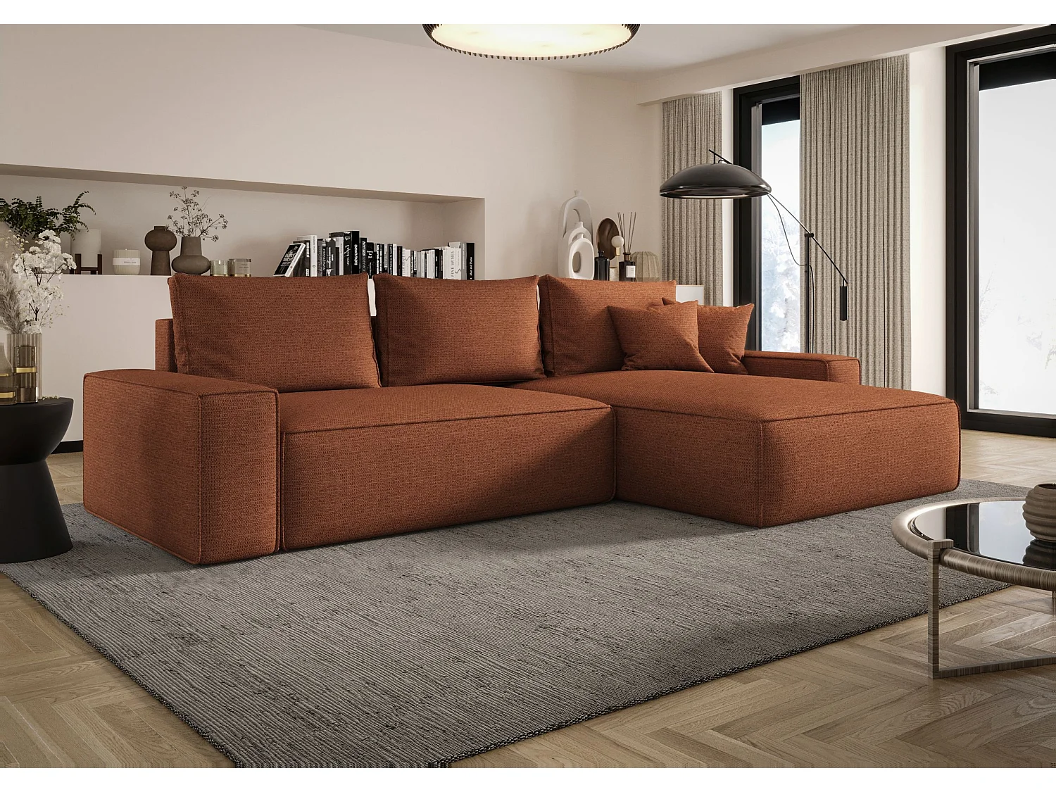 Canapé d'angle CALIFORNIA droit Pomaranczowy tricot Aragon 56 - fonction couchage, coffre à literie