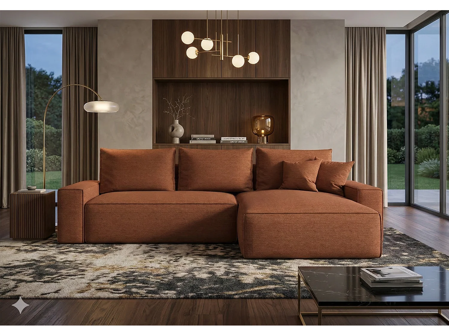 Canapé d’angle tissu tressé convertible avec coffre NINA-Orange-angle droit