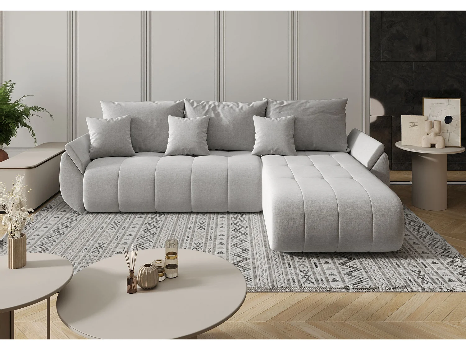 Canapé d'angle SYDNEY droit beige tricot Wind 11 - fonction couchage, coffre à literie