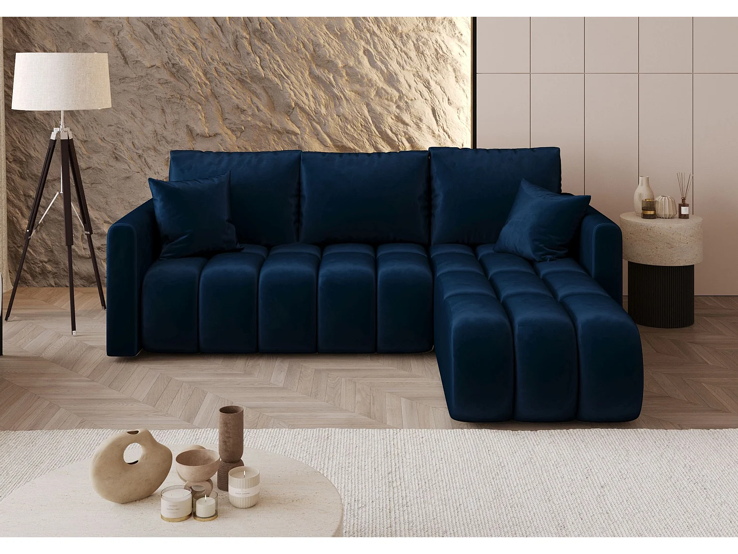 Canapé d'angle GARDA droit bleu foncé velours Monolith 77 - fonction couchage, coffre à literie