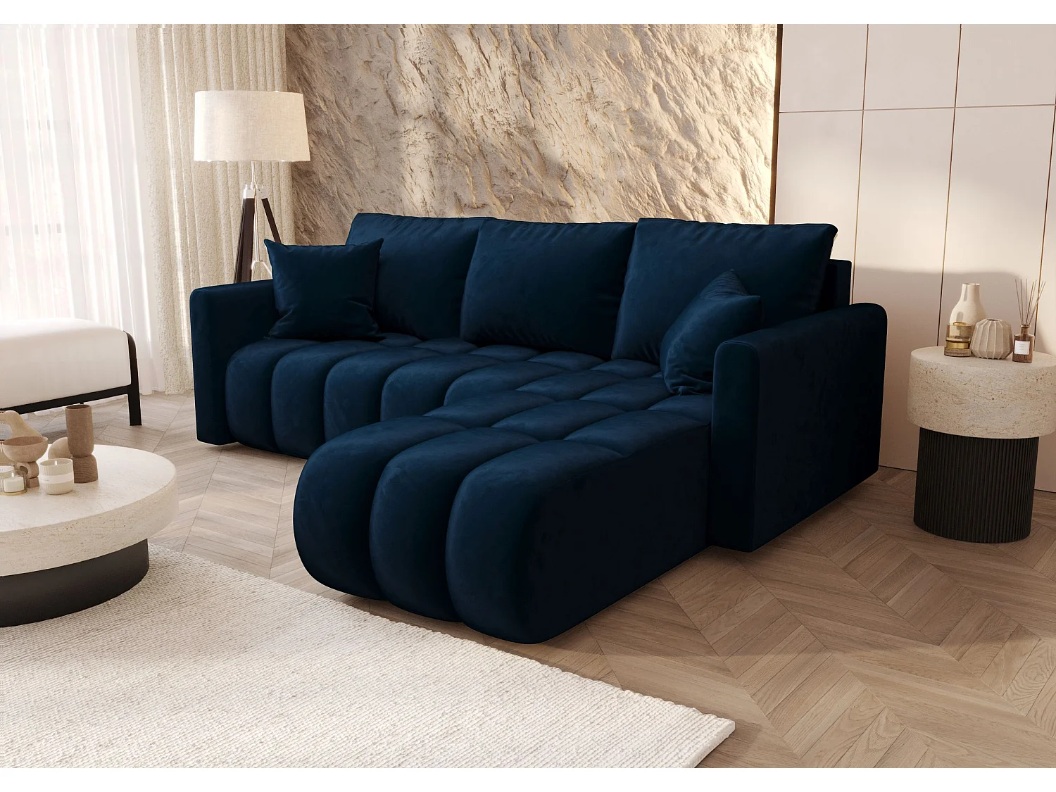 Canapé d'angle GARDA droit bleu foncé velours Monolith 77 - fonction couchage, coffre à literie