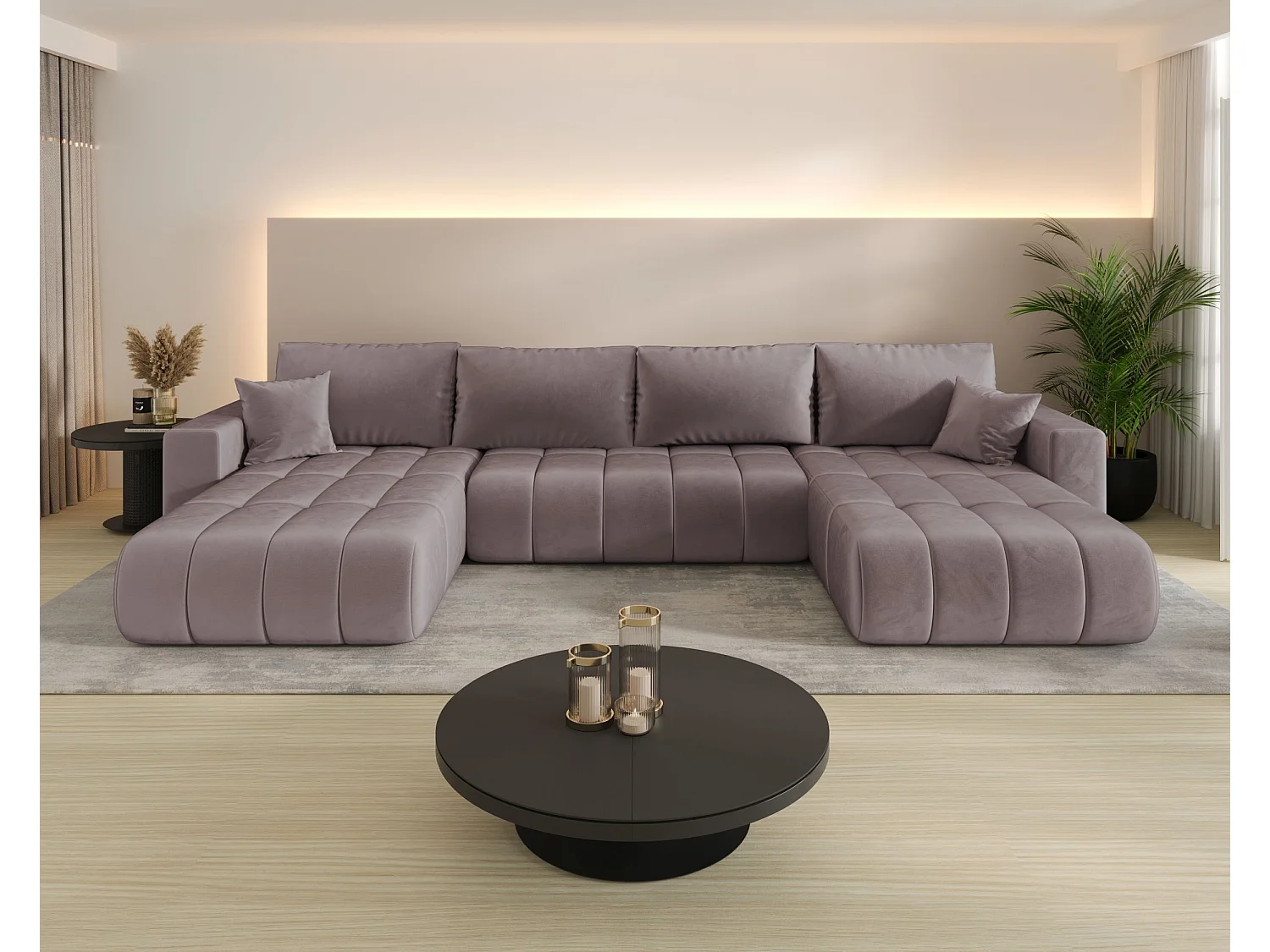 Canapé d'angle LARA PREMIUM en U rose foncé velours Monolith 62 - fonction couchage, coffre à literie