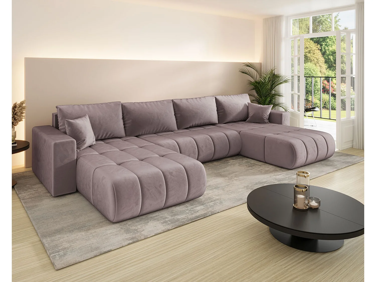 Canapé d'angle LARA PREMIUM en U rose foncé velours Monolith 62 - fonction couchage, coffre à literie