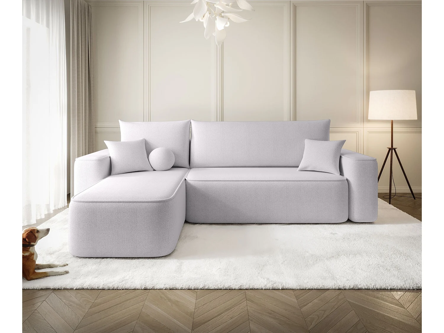 Canapé d'angle TEXAS gauche gris clair tricot Curio 80 - fonction couchage, coffre à literie