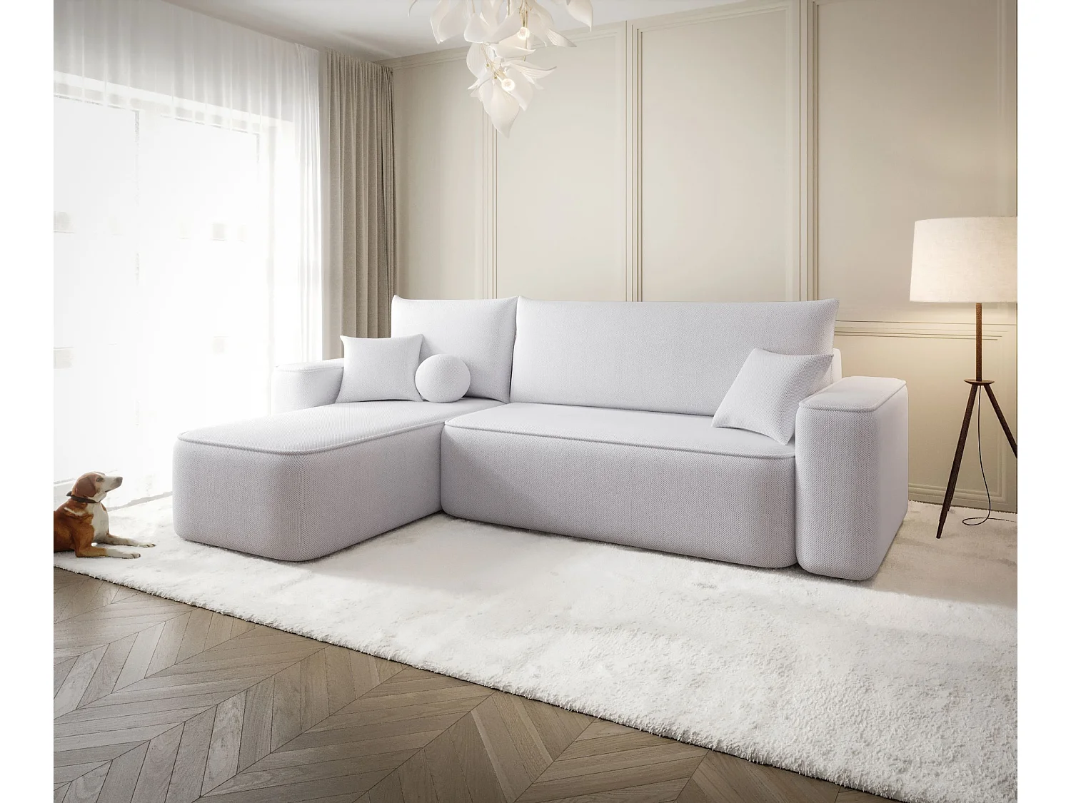 Canapé d'angle TEXAS gauche gris clair tricot Curio 80 - fonction couchage, coffre à literie