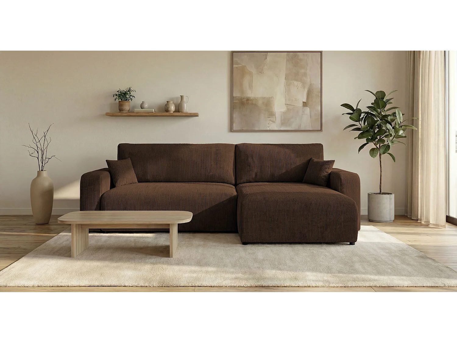 Canapé d'angle BERLIN droit marron velours côtelé Poso 6 - fonction couchage, coffre à literie