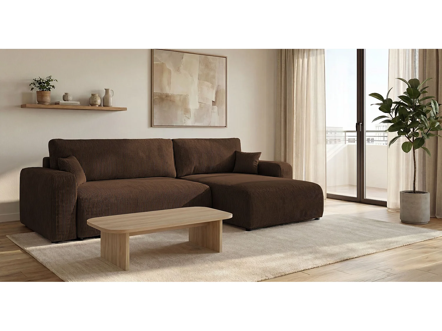 Canapé d'angle BERLIN droit marron velours côtelé Poso 6 - fonction couchage, coffre à literie