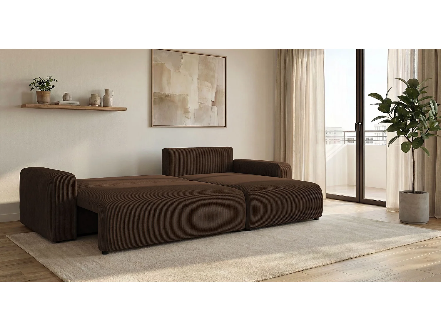 Canapé d'angle BERLIN droit marron velours côtelé Poso 6 - fonction couchage, coffre à literie