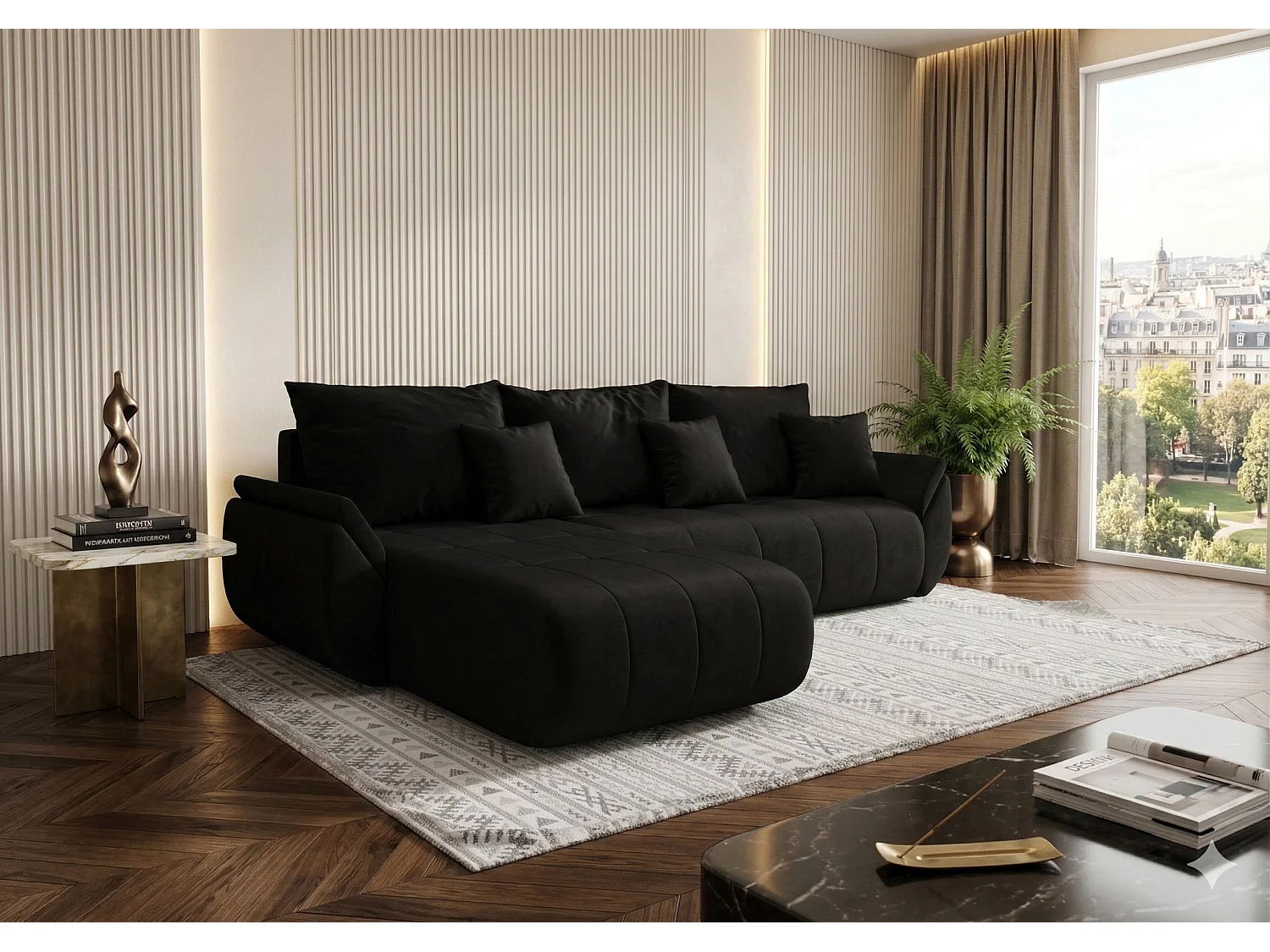 Canapé d’angle velours beige convertible avec coffre NOVA-Noir-angle gauche