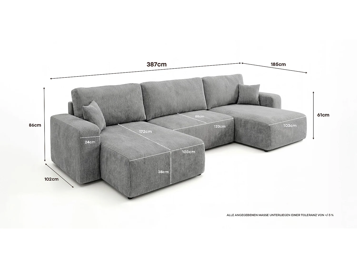 Canapé d'angle BERLIN en U gris velours côtelé Poso 55 - fonction couchage, coffre à literie