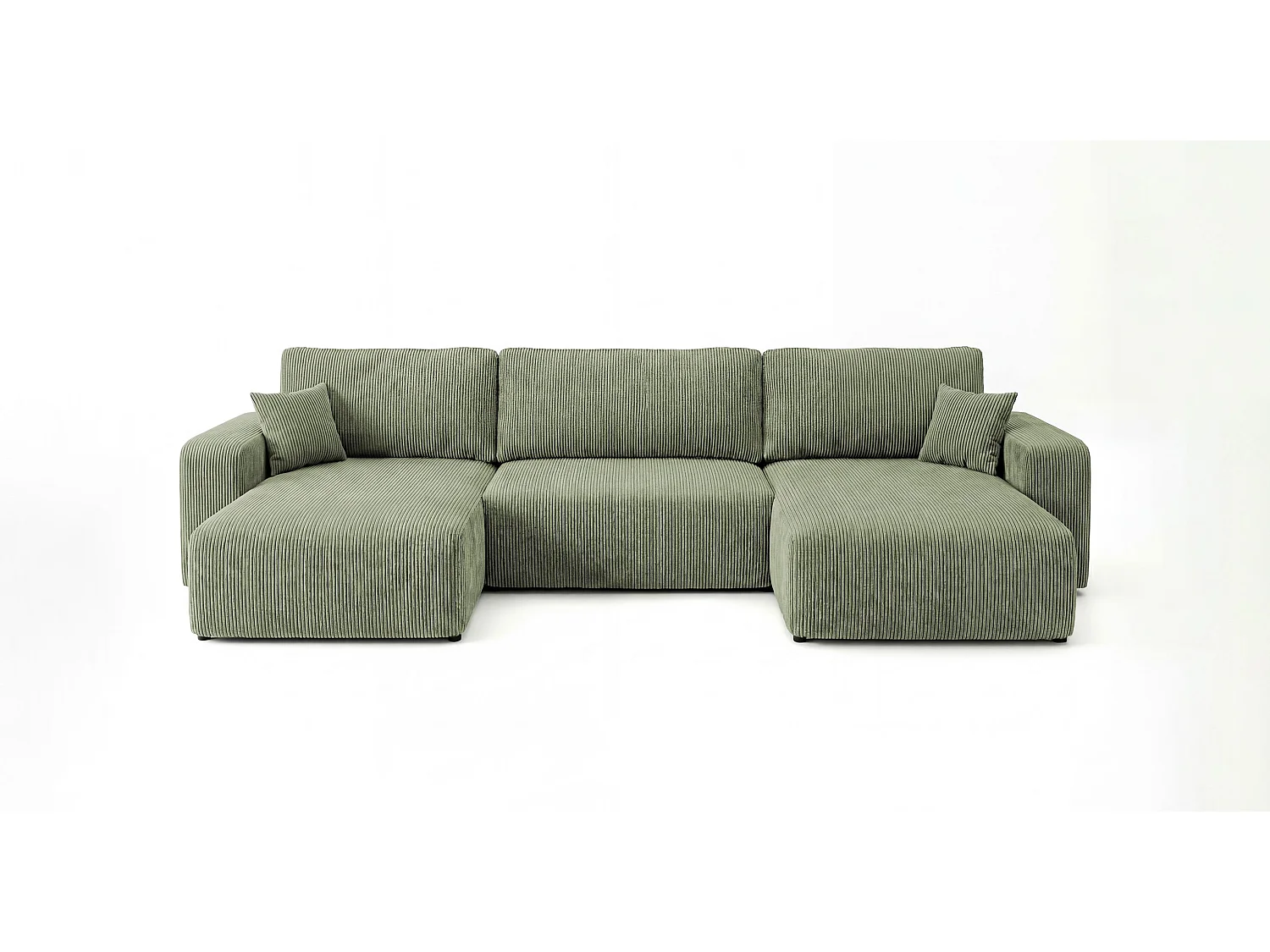 Canapé d'angle BERLIN en U vert clair velours côtelé Poso 47 - fonction couchage, coffre à literie