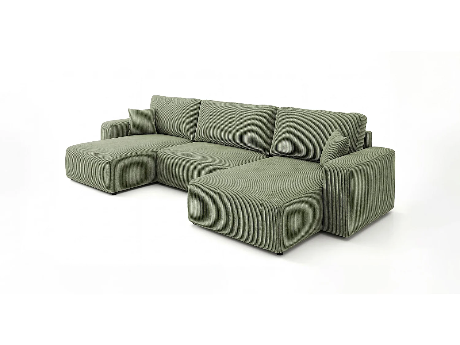 Canapé d'angle BERLIN en U vert clair velours côtelé Poso 47 - fonction couchage, coffre à literie