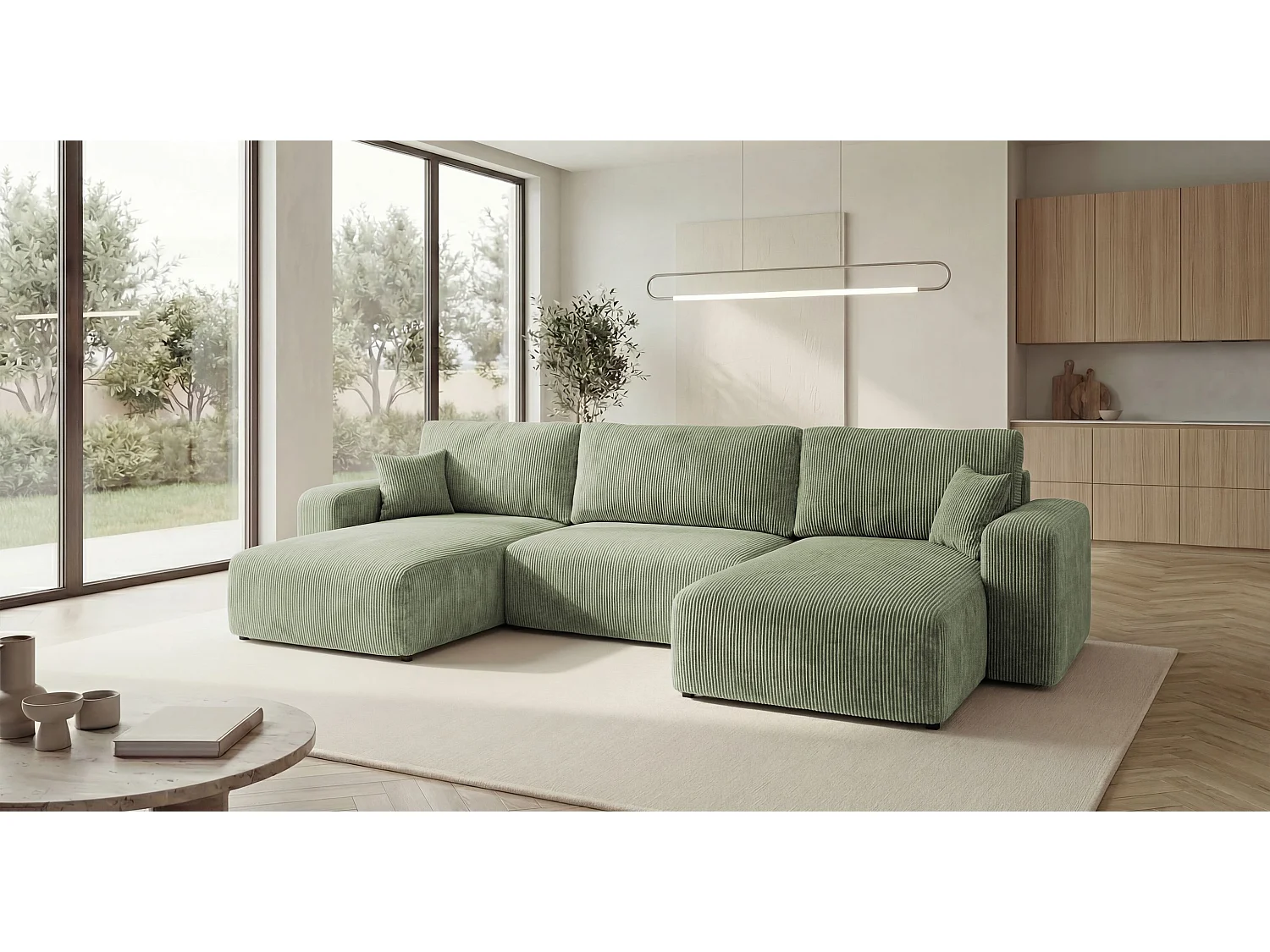 Canapé d'angle BERLIN en U vert clair velours côtelé Poso 47 - fonction couchage, coffre à literie