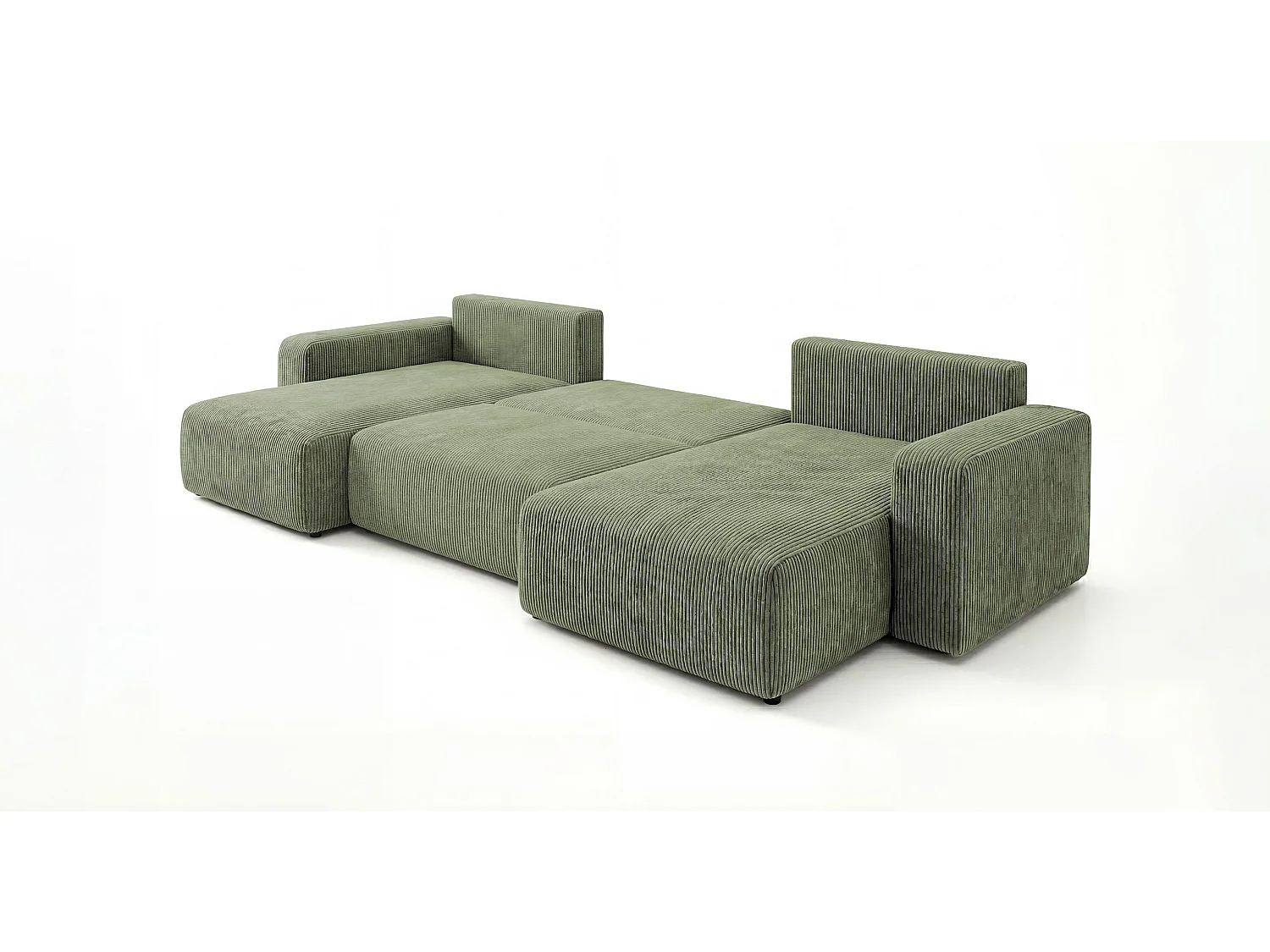 Canapé d'angle BERLIN en U vert clair velours côtelé Poso 47 - fonction couchage, coffre à literie