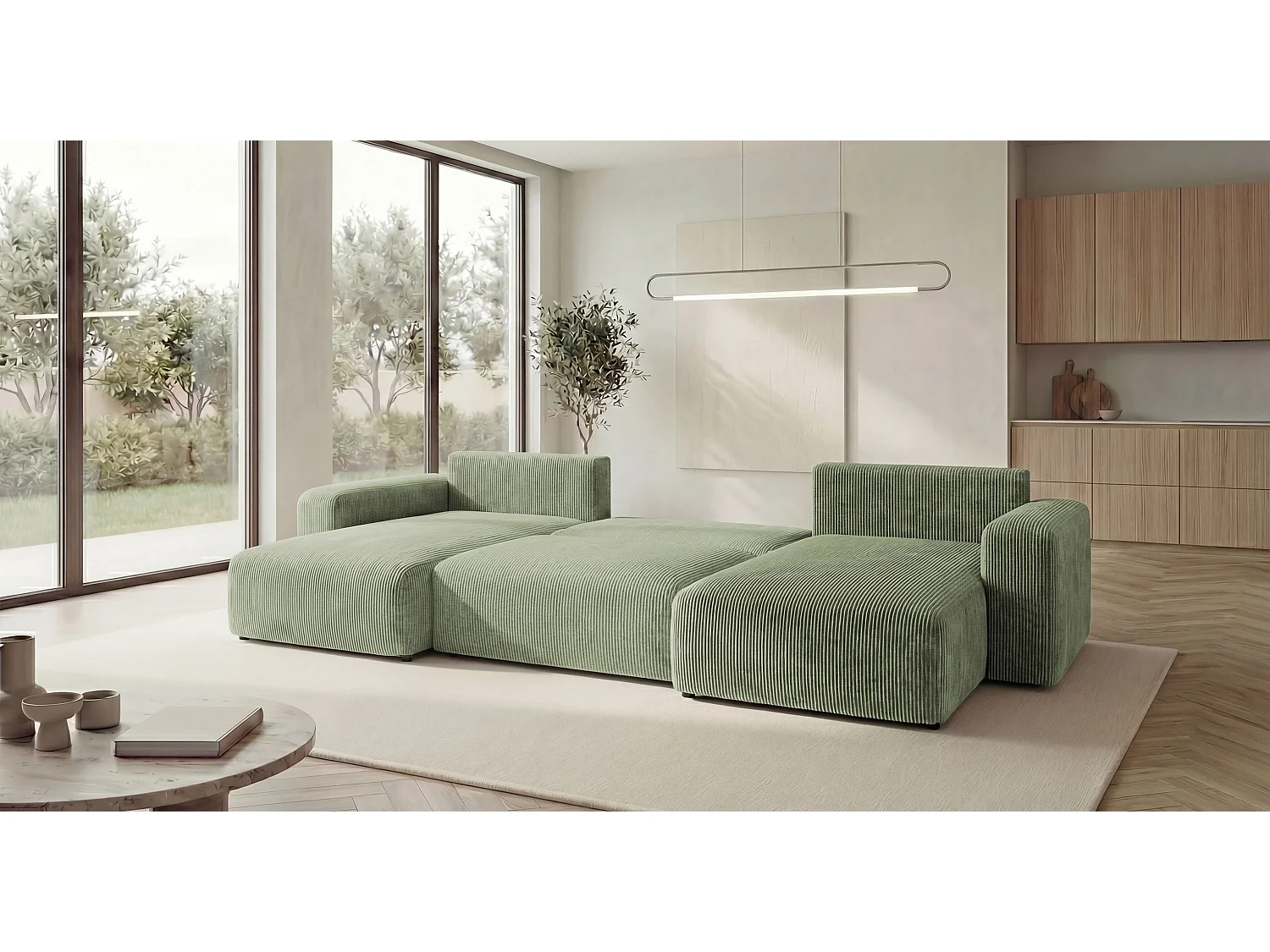 Canapé d'angle BERLIN en U vert clair velours côtelé Poso 47 - fonction couchage, coffre à literie