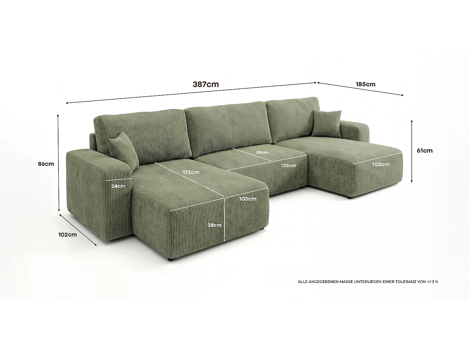 Canapé d'angle BERLIN en U vert clair velours côtelé Poso 47 - fonction couchage, coffre à literie
