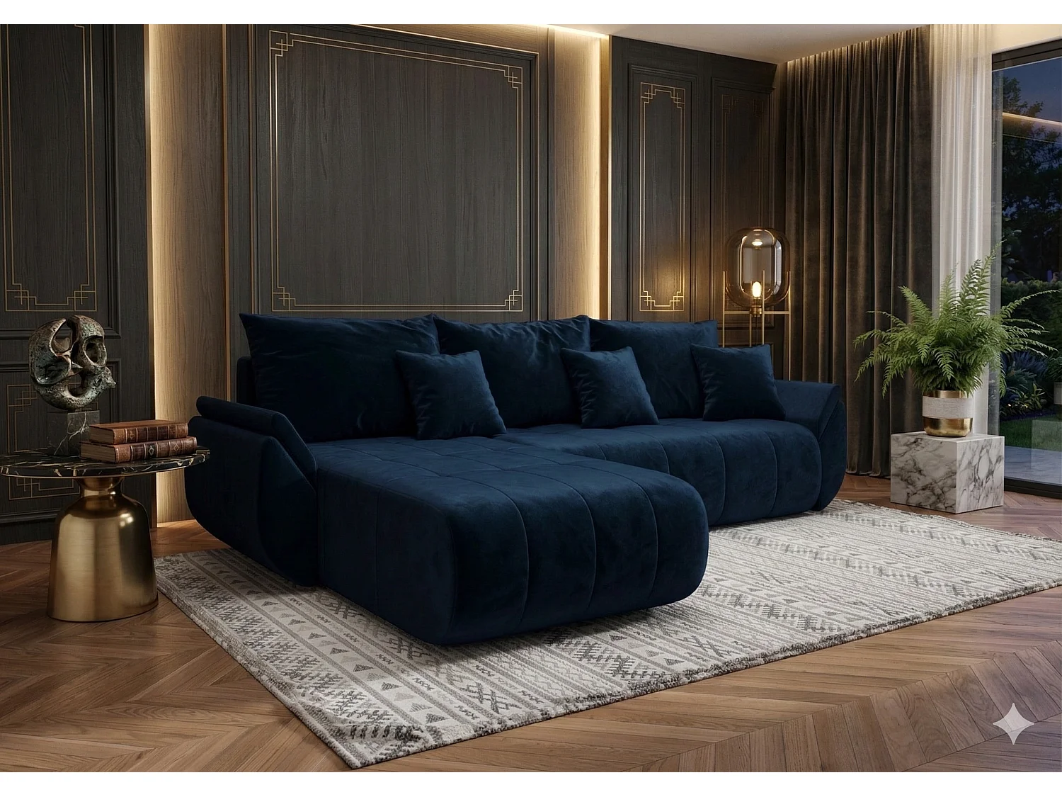 NOVA beige fluwelen hoekbank met slaapfunctie en opbergruimte-Donkerblauw-linkerhoek