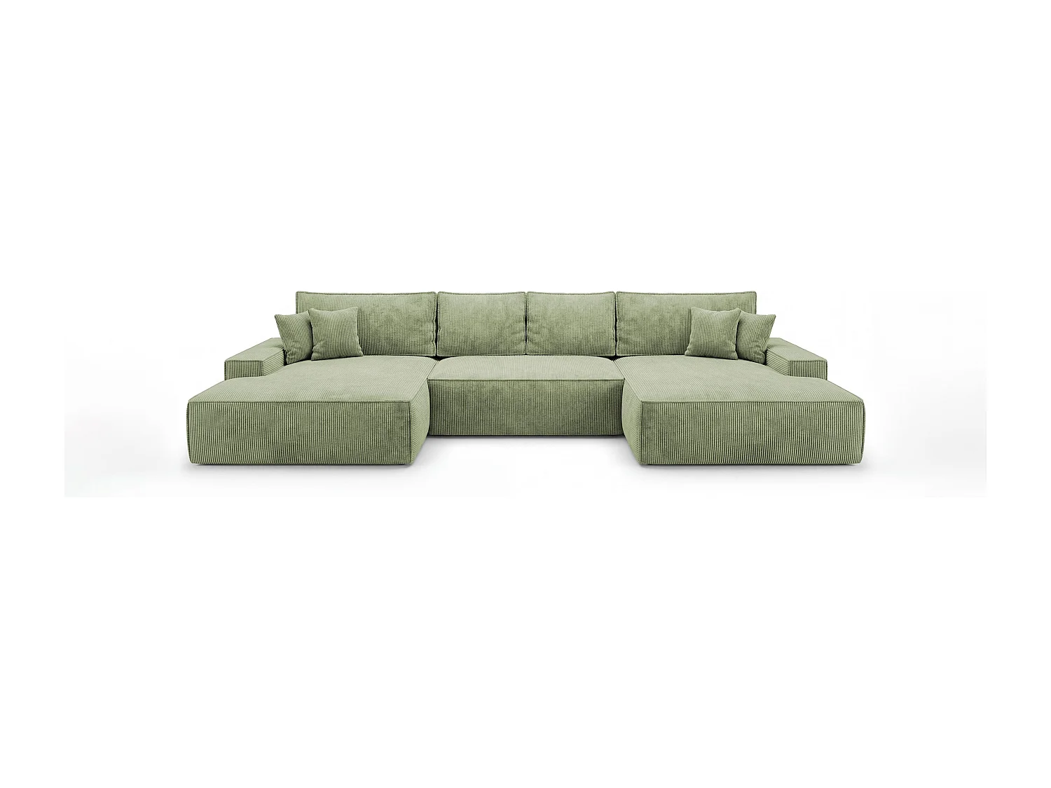 Canapé d'angle VERONA en U vert clair velours côtelé Poso 47 - fonction couchage, coffre à literie