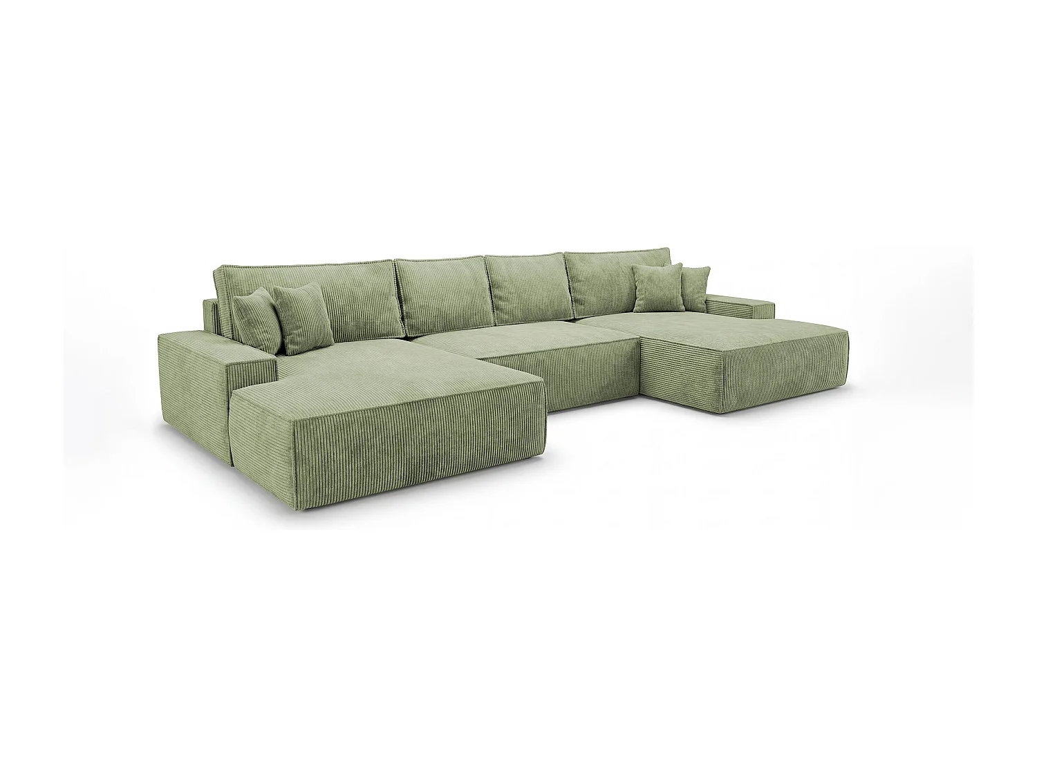 Canapé d'angle VERONA en U vert clair velours côtelé Poso 47 - fonction couchage, coffre à literie