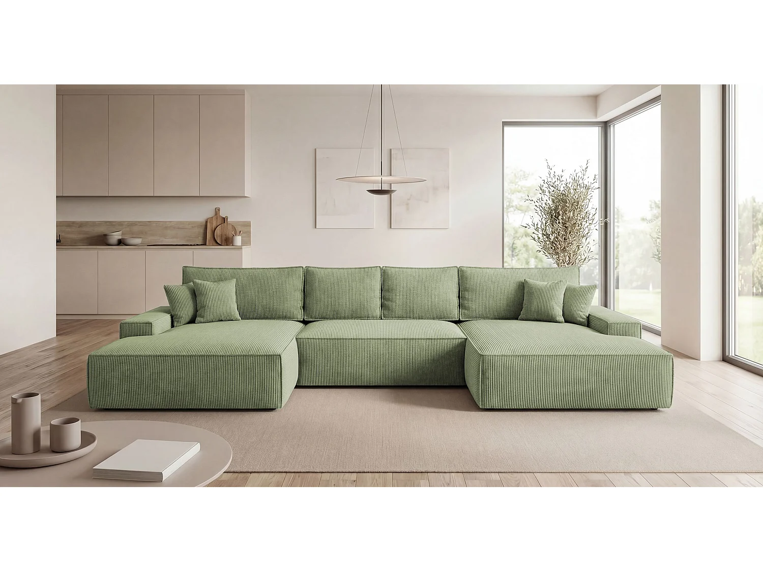 Canapé d'angle VERONA en U vert clair velours côtelé Poso 47 - fonction couchage, coffre à literie