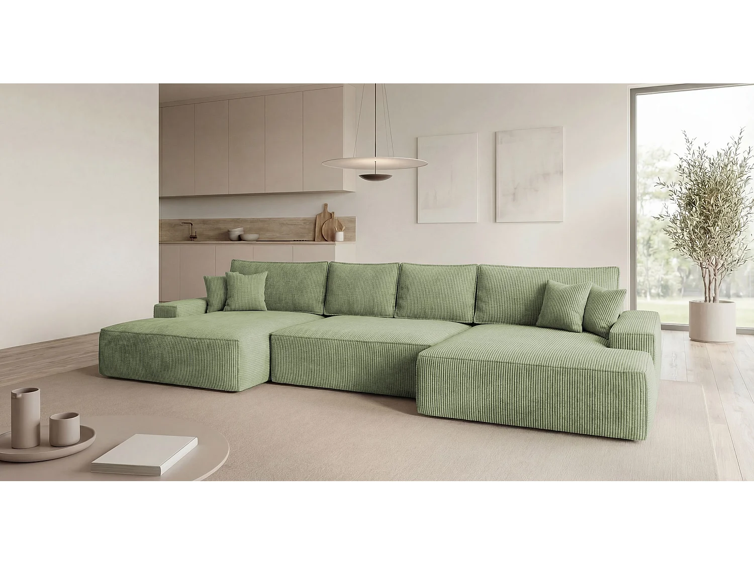 Canapé d'angle VERONA en U vert clair velours côtelé Poso 47 - fonction couchage, coffre à literie
