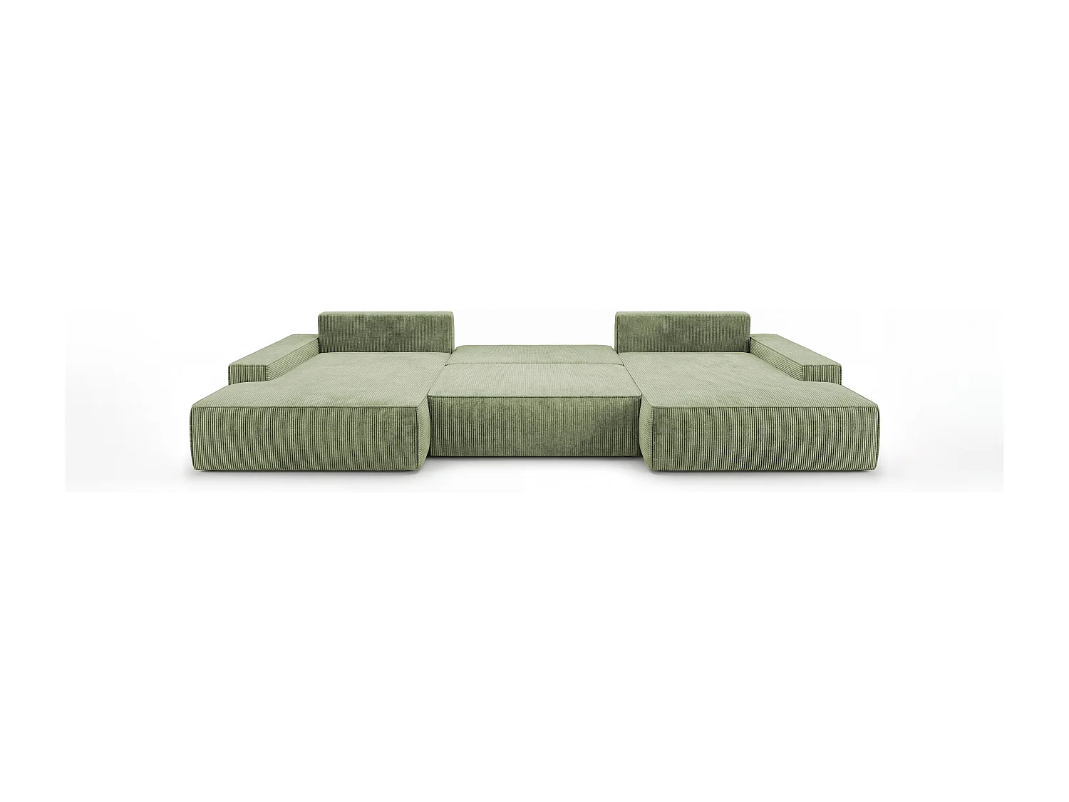 Canapé d'angle VERONA en U vert clair velours côtelé Poso 47 - fonction couchage, coffre à literie