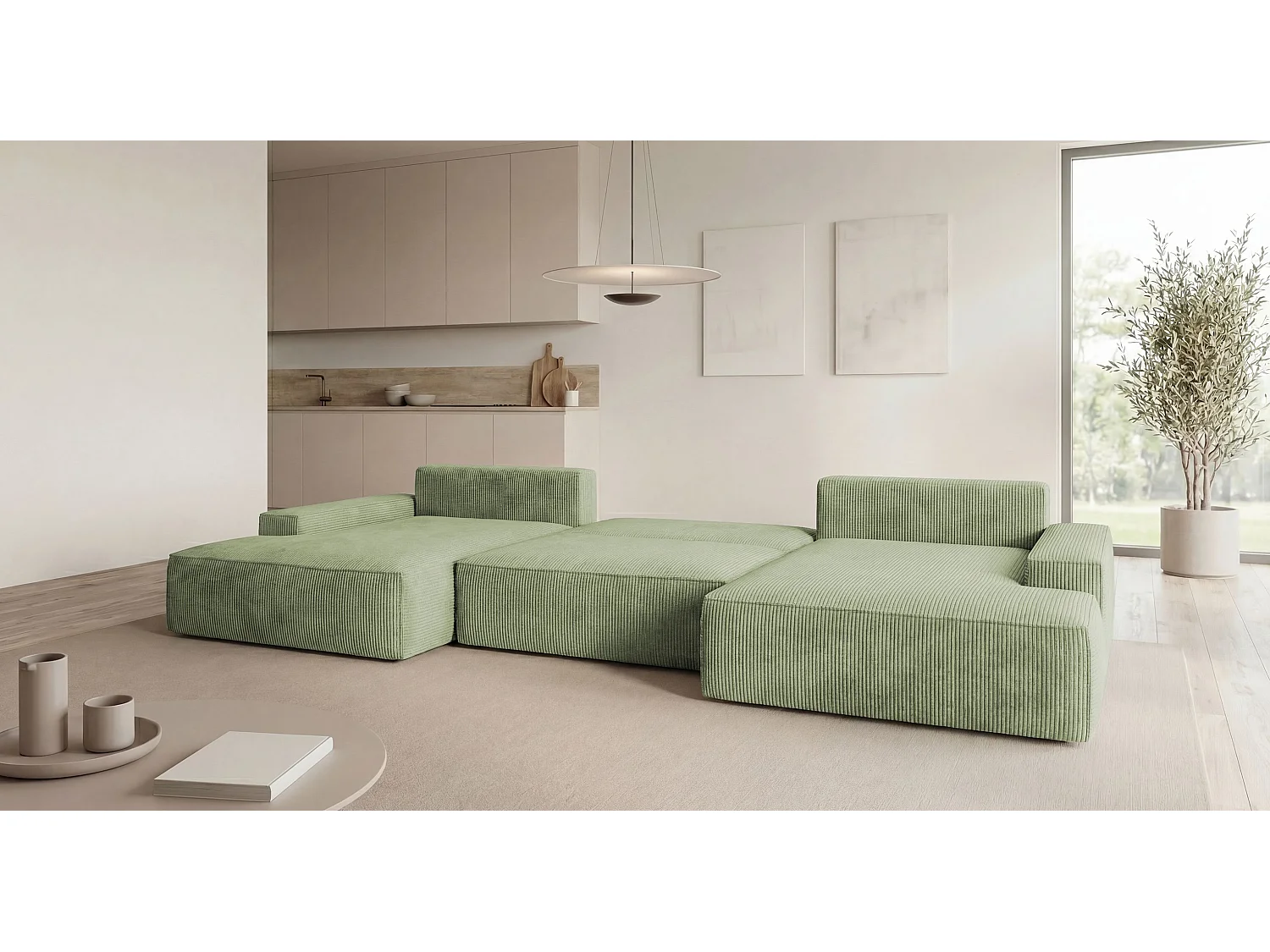 Canapé d'angle VERONA en U vert clair velours côtelé Poso 47 - fonction couchage, coffre à literie