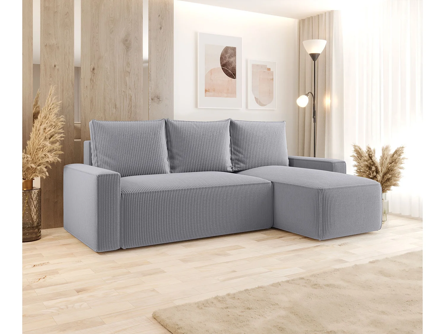 Canapé d'angle HAVANA droit gris velours côtelé Poso 55 - fonction couchage, coffre à literie