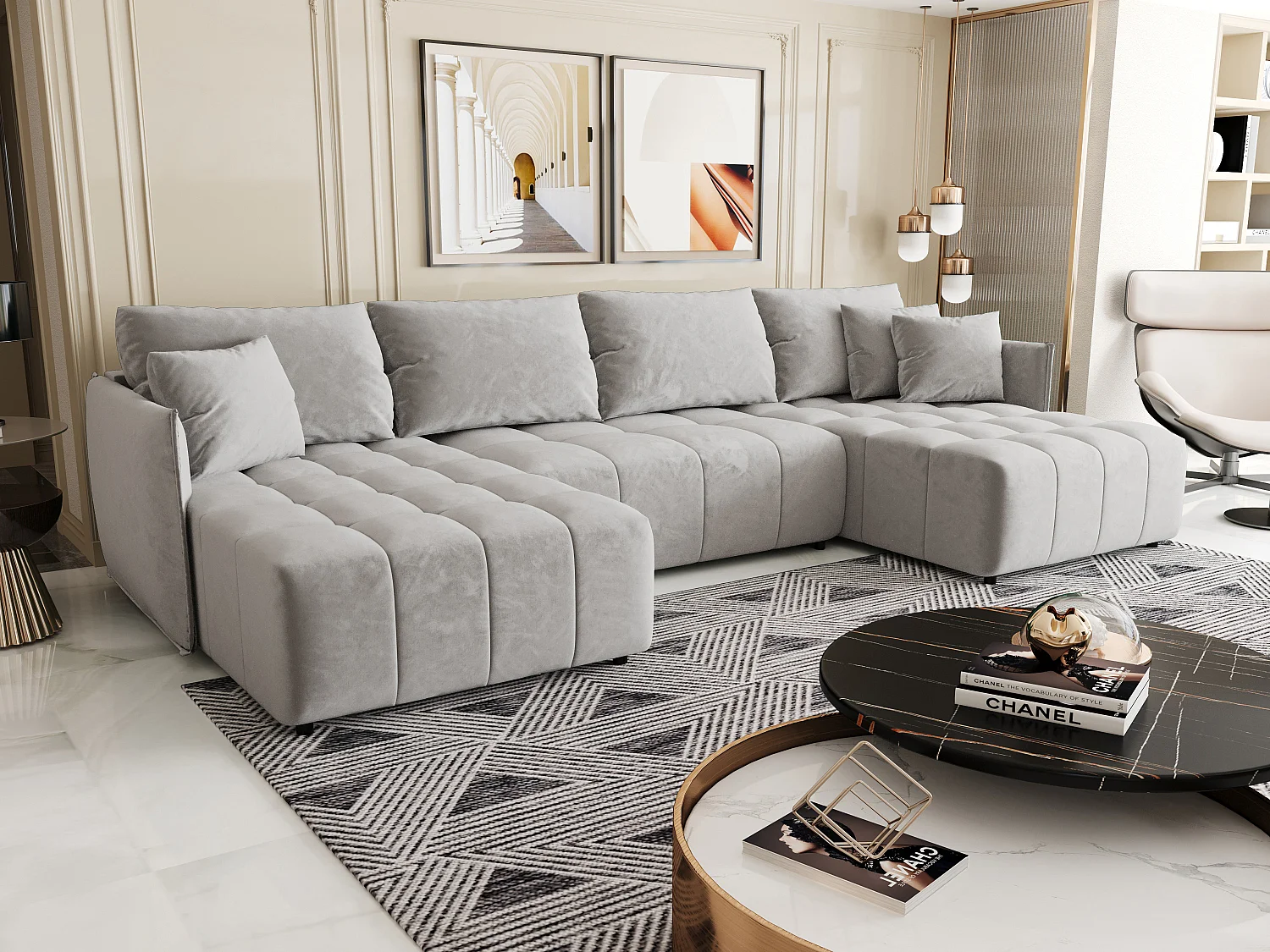 Canapé d'angle CHICAGO en U gris clair velours Monolith 84 - fonction couchage, coffre à literie