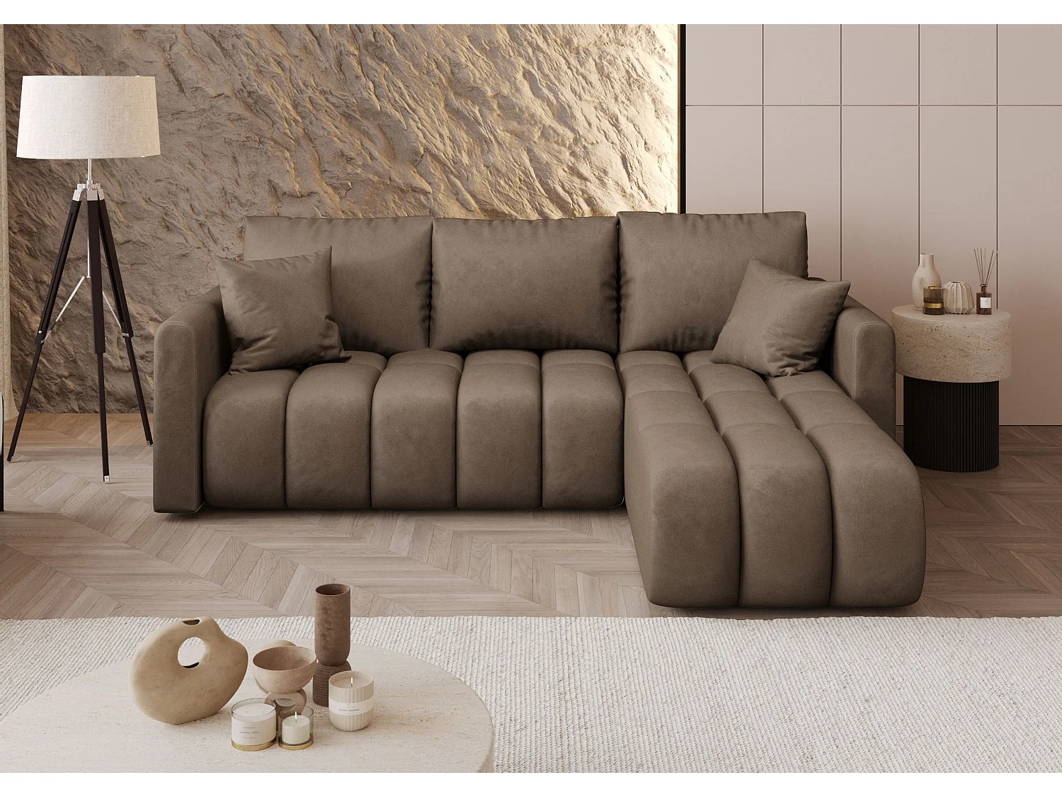 Canapé d'angle GARDA droit marron velours Monolith 9 - fonction couchage, coffre à literie
