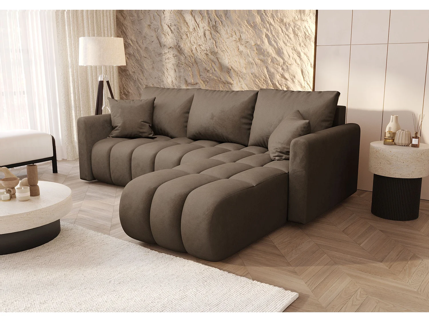 Canapé d'angle GARDA droit marron velours Monolith 9 - fonction couchage, coffre à literie