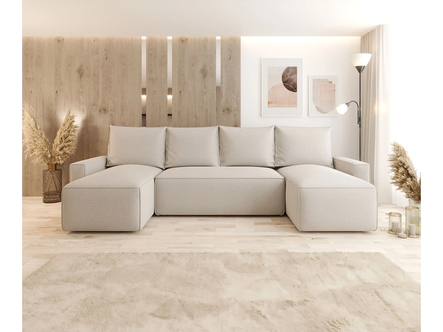 Canapé d'angle HAVANA en U beige tricot Curio 9 - fonction couchage, coffre à literie